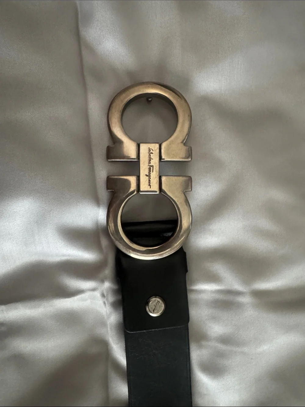 Salvatore Ferragamo Black Leather Belt with Aged Silver Gancini Buckle